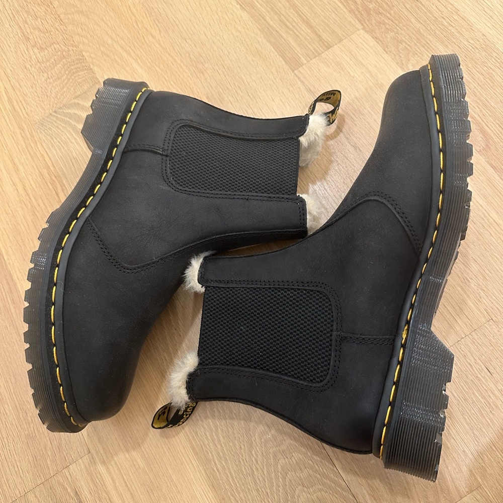 Dr. Martens Black Chelsea Faux Fur-Lined Booties with Yellow Stitching